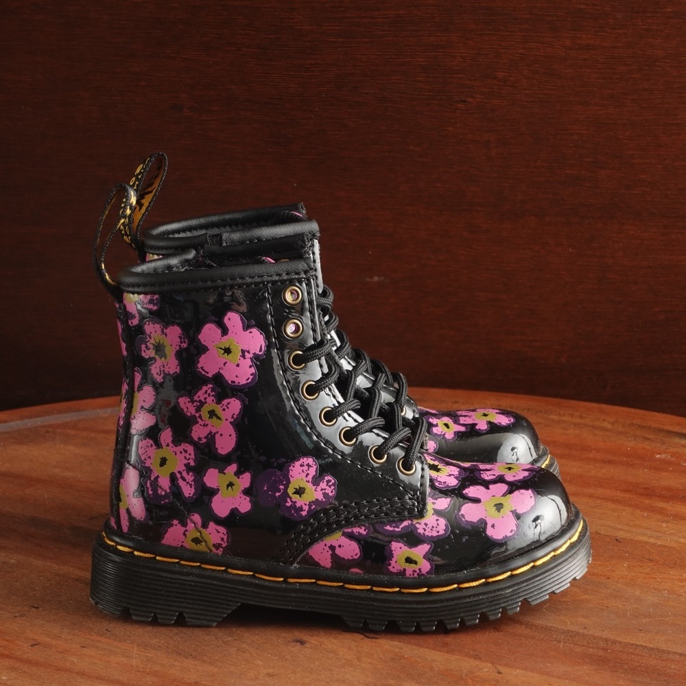 Dr. Martens Boots‎ Toddler SZ 7 BLK Floral 1460 Patent Leather Combat Ankle Moto